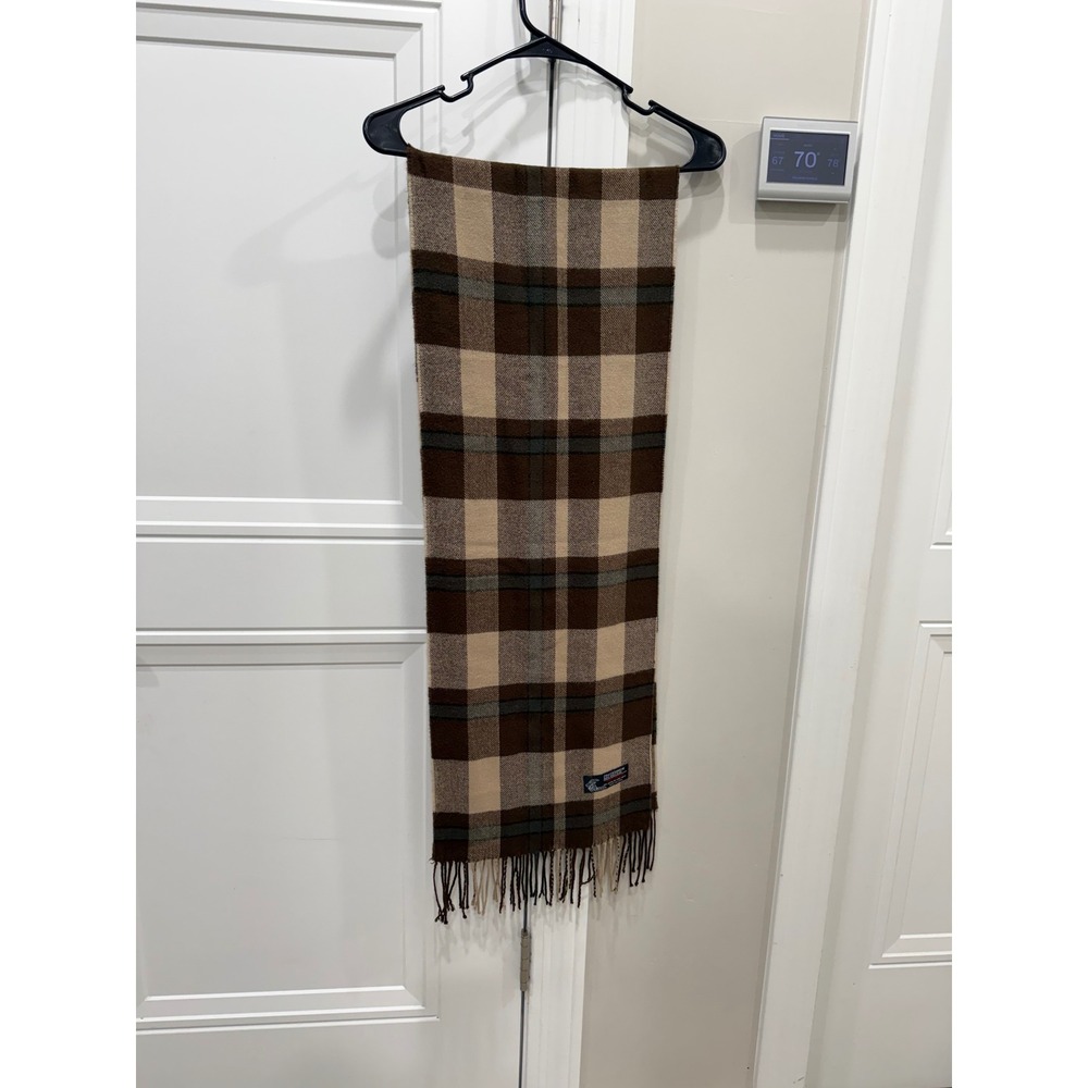 Brown Plaid Cashmere Blend Scarf Tan Grey Checkered Winter Fringe Wrap Accessory